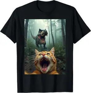Cat Selfie With T-Rex Dinosaur T-Shirt Pure Cotton Graphic Tees Menswear Top: Gifts for Men & Women