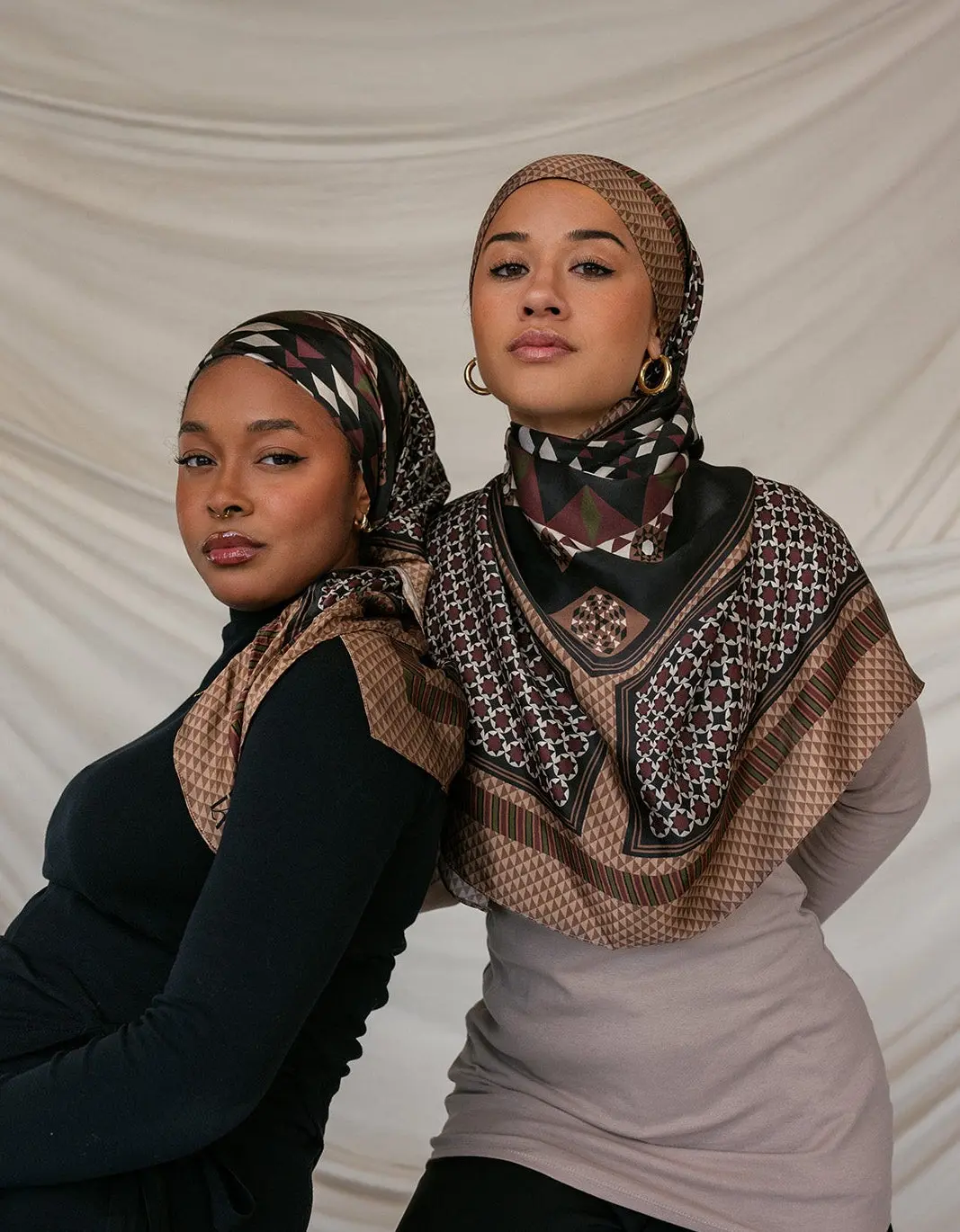 VELA 100% Silk Square Hijab Scarf, Artist Designed by Nasreen Atik Mosaic Damascene Print in Sandstone - Lightweight, Elegant with Fluid Drape, Proceeds Donated to Every Pregnancy Maternal & Newborn Healthcare Support, 100% Silk Material