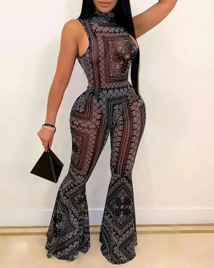 Women's Sexy Halter Neck Sleeveless Bandana Print Flared Leg Bodysuit - Stretchy, Comfortable Fabric with Flattering Fit and Statement Style