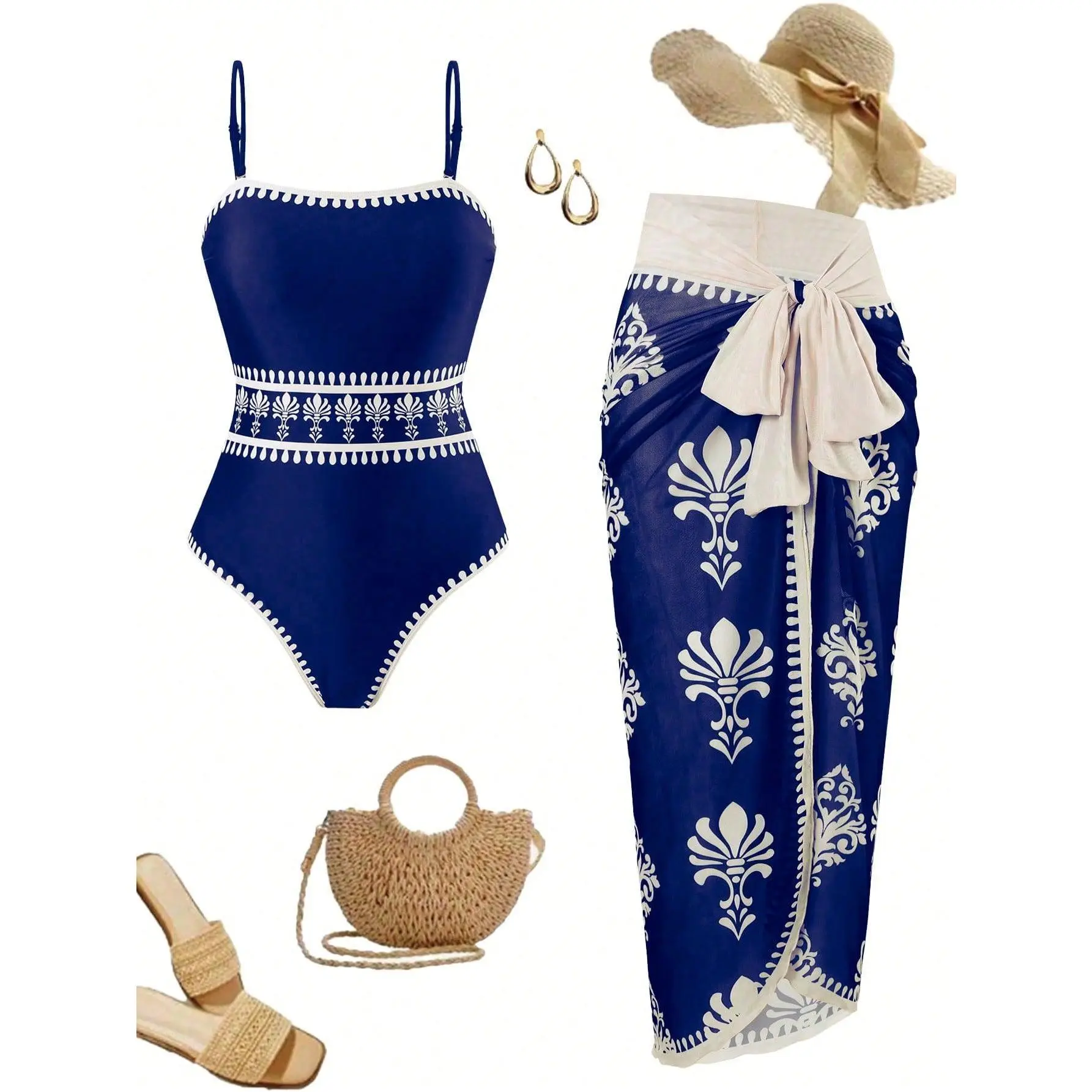 Navy Blue Embroidered One-Piece Swimsuit with Floral Print Cover-Up Skirt, 2-Piece Boho Bathing Suit with Crochet Trim, Quick-Dry Swimwear for Beach, Pool, Vacation & Resort #OnePieceSwimsuit