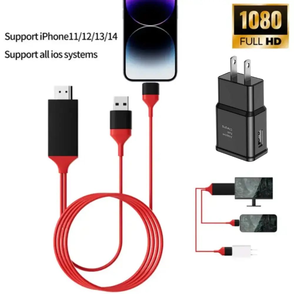 1080P HD iPhone to HDMI Adapter Cable Electronic Accessory, 2m/6ft Mobile Device Screen Converter, 5V 1A Output, Plug-and-Play, Metal-Plastic Build, 1-Piece with Manufacturer Warranty (Compatible with iPads)