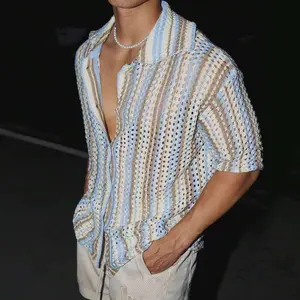 Zaitun Men's Beach Outfits Printed Single-Breasted Casual Knitted Top, Ideal For Vacation, Summer Crochet Knit Top