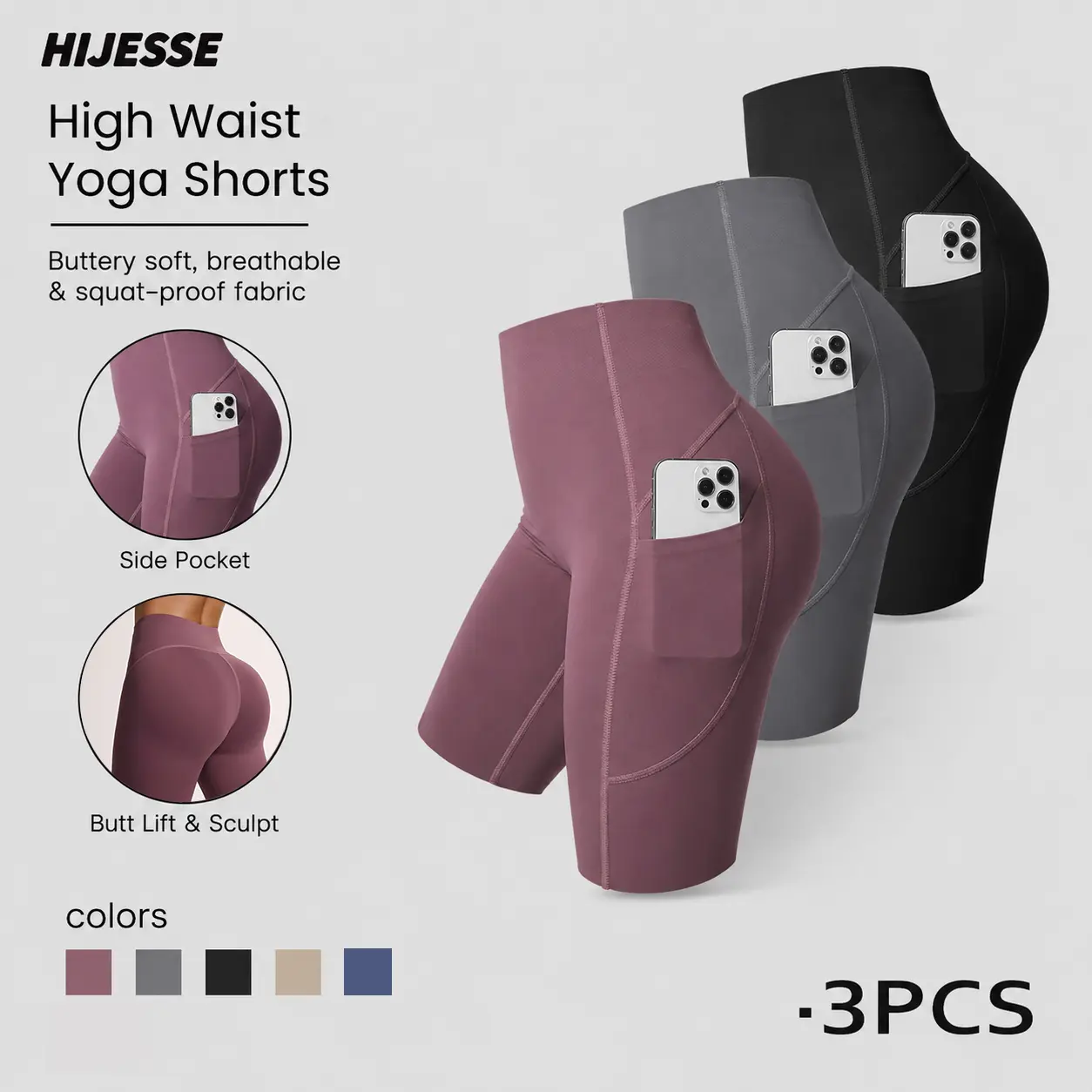 HIJESSE High Waist Yoga Shorts With Side Pockets | Butt Lift Tummy Control Workout Shorts For Cycling, Gym & Summer