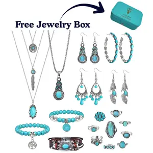 Bohemian Jewelry Set with Turquoise Pendant Layered Necklace 2 Turquoise Hoop Earrings 2 Bead Bracelets 9 Turquoise Knuckle Rings for Women 40cm Adjustable Length Choker Style