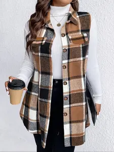 【Plus Size】 Plaid Print Button Front Vest Coat, Casual Sleeveless Collared Outerwear for Fall & Winter, Gift Set for Women, Women's Plus Size Clothes for Daily Wear
