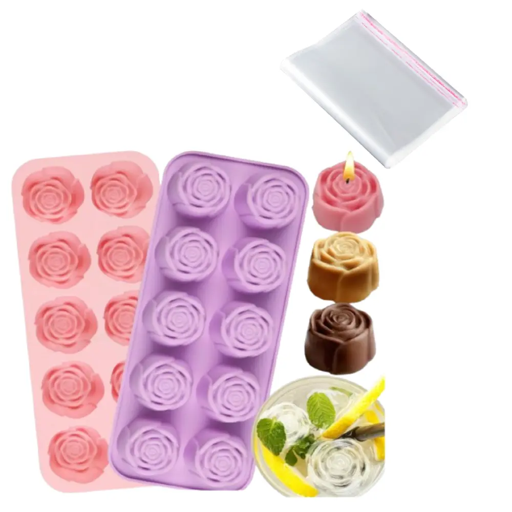 Pack of 2 Rose Silicone Mold and 50pcs Transparent Bags, 10 Cavity Roses Flower Molds for Chocolate Strawberry, Candy, Ice Cube, Gummy, Cupcake Decora, Candles, Soaps, Wedding Party Gift