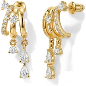 Triple Huggie Stacked Earrings for Women Gold Chain Drop Dangle Earrings Cute Statement CZ Earrings Trendy Dainty Jewelry Gift