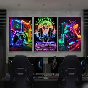 3pcs Neon Mosaic Cyberpunk Gaming Room Decor, Wooden Frame Game Room Decoration, Boy Gift, Mdf Material, Made in China