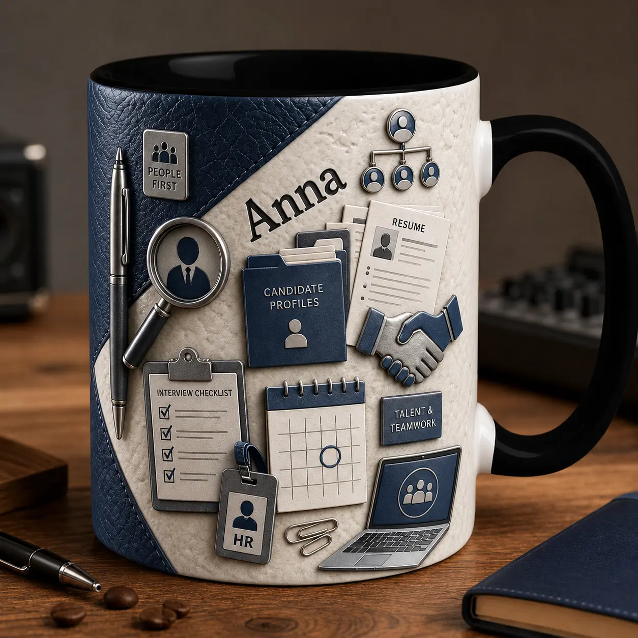 Personalized HR Specialist Ceramic Mug, Custom Name HR Office Faux 3D Effec Mug, Blue Gray Office Coffee Cup Gift for Human Resources