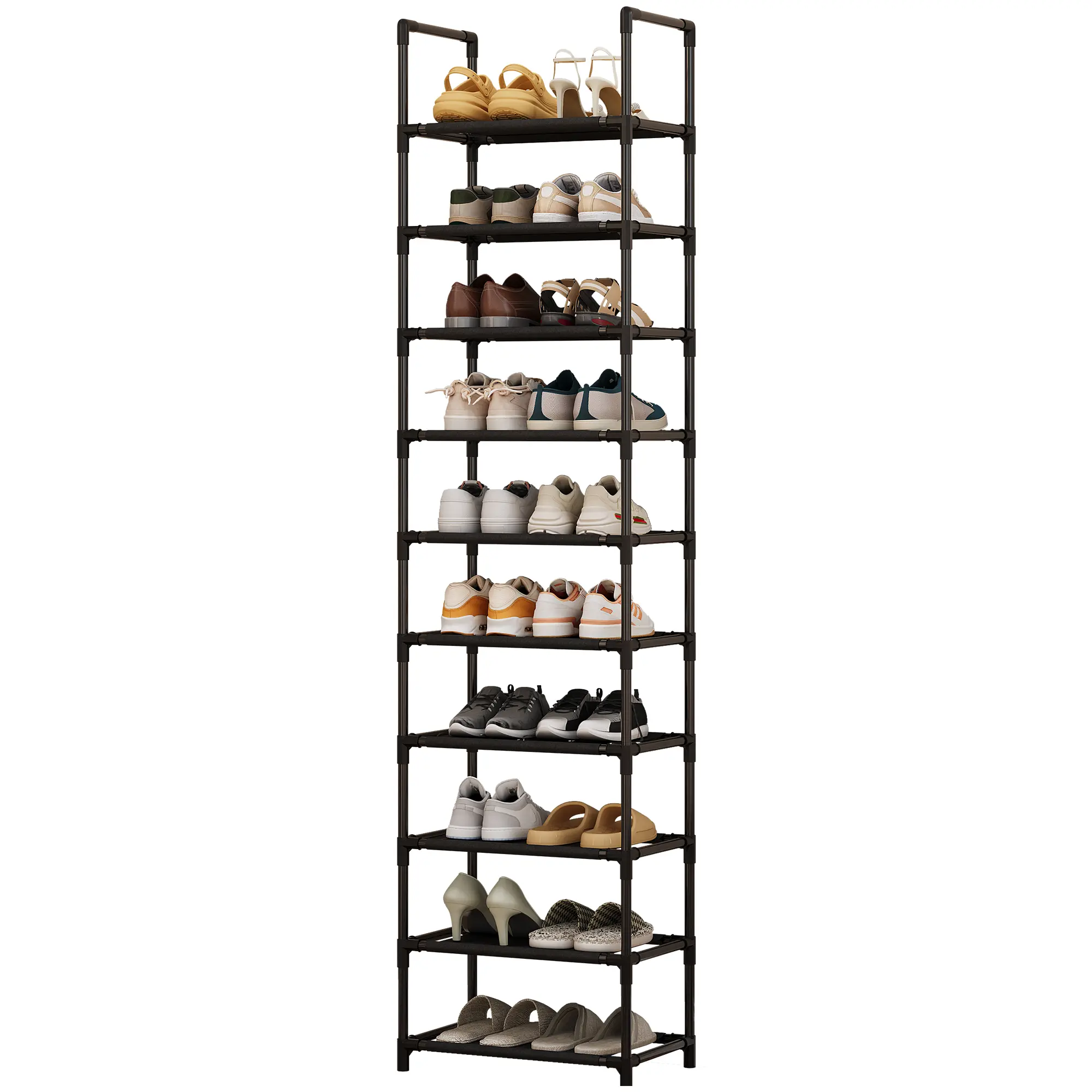 10-Tier Minimalist Metal Shoe Rack Organizer - Sturdy Corner Shelf with Removable Fabric Shelves, Fast Assembly Space-Saving Vertical Storage for Bedroom, Entryway, Closet
