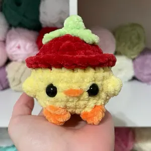 Crochet Strawberry Chick Plushie, Handmade, Stuffed Toy, Gift, Decoration