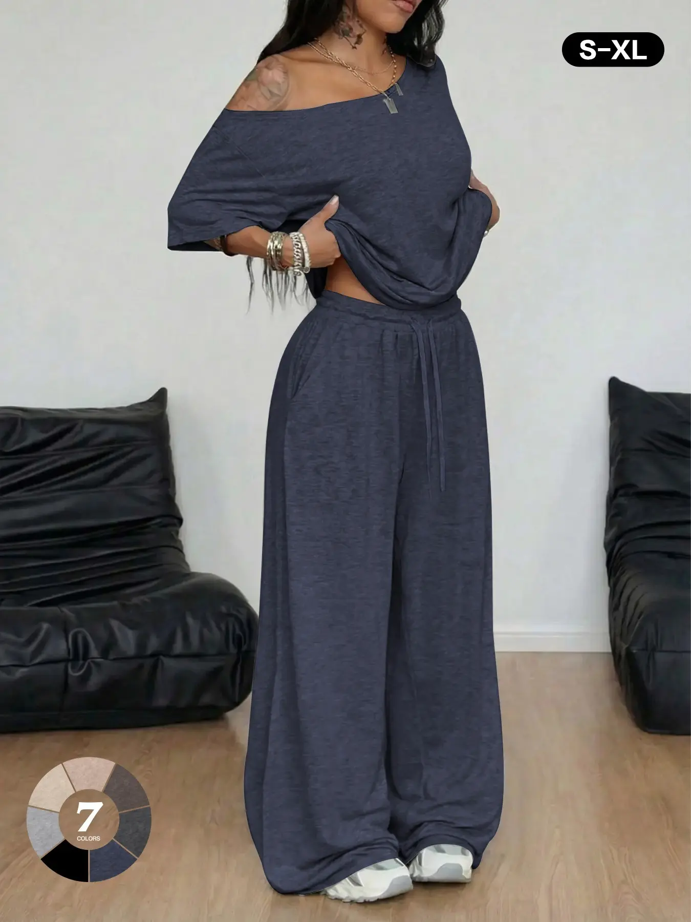 Sexy Off-Shoulder Short Sleeve Top + High-Waist Drawstring Wide Leg Pants Set, Loose Fit Slimming Casual Two-Piece Clothes, Soft Skin Womenswear Loungewear set, Summer Sets Casual