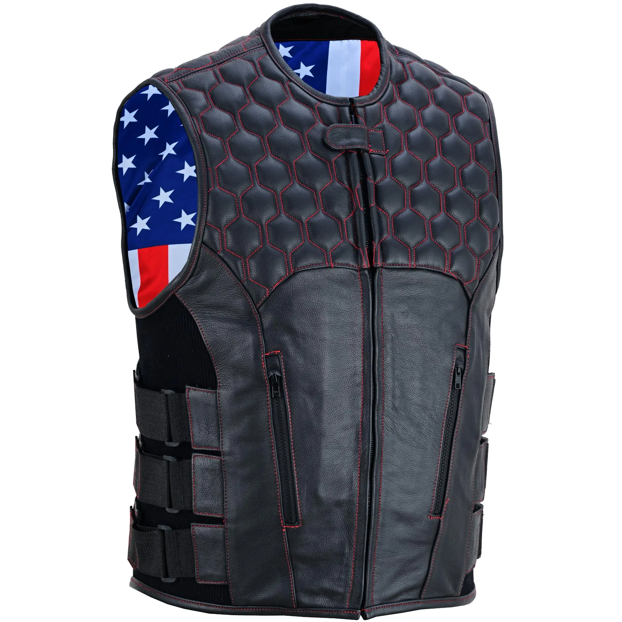 DANIEL SMART Patriot Wheels Adult Biker Style Men's Motorcycle Cowhide Vest - Soft Premium Milled Leather, Quilted Shoulders, Red Heavy-Duty Thread & Reinforced Stitching, Velcro Adjust Straps, YKK Zipper, Conceal Carry Pockets, Long-Lasting
