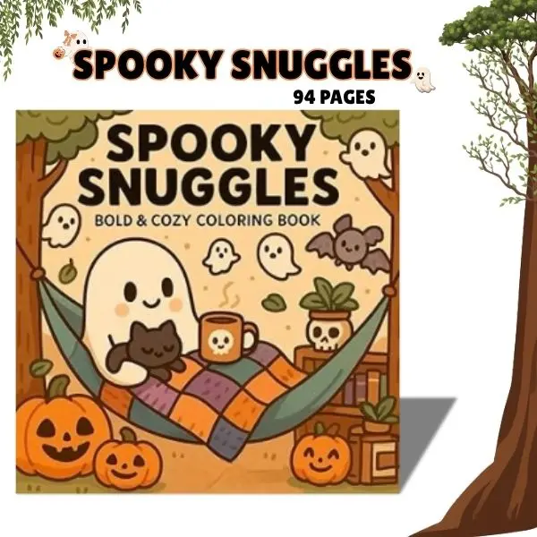 Spooky Snuggles Halloween Coloring Book for Kids, Teens & Adults, 40 Bold & Easy Cute Ghost, Pumpkin & Bat Coloring Pages, Stress Relief Activity Book