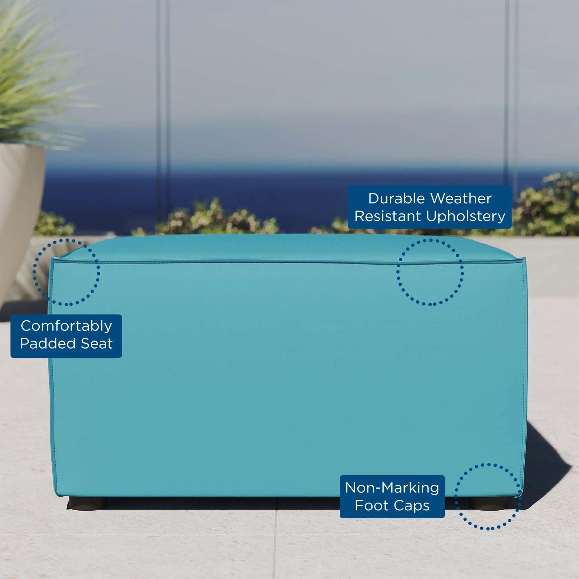 Modway Saybrook Casual Outdoor Furniture Sofa - Durable Waterproof Aluminium Upholstered Outdoor Patio Sectional Sofa with Ottoman, Turquoise, Poolside Use