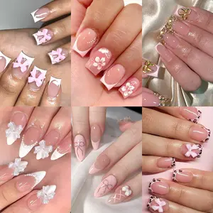 144 Pcs Press On Nails (6 Packs) | Nude Pink Bow & French Mix Designs | Almond & Coffin Shapes | 3D Bow, Soft Floral & Chic French Styles | Reusable Stick On Nails with Jelly Glue | 12 Sizes