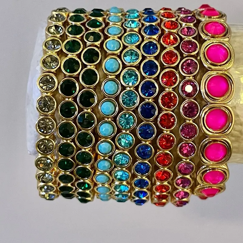 Cotton Candy Multicolor Metal-Coated Bezel Rhinestone Stretch Bracelets, Daily Wear Costume Jewelry Accessory