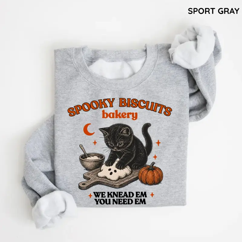 Gildan Spooky Biscuits Bakery Sweatshirt, Halloween Quote Sweatshirt, Black Cat Halloween Fall, Cat Lover Gift, Trendy Gift for Women, For Woman