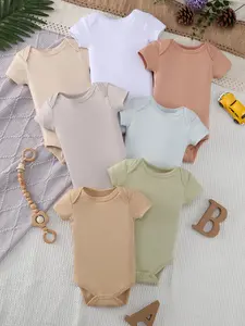 7pcs Plain Newborn Baby Romper Summer Short Sleeve Round Neck Casual Bodysuit For 0-9 Months Old Infant Solid Color Jumpsuits Triangle Outdoor Cotton Baby Clothes Girl Baby Clothing