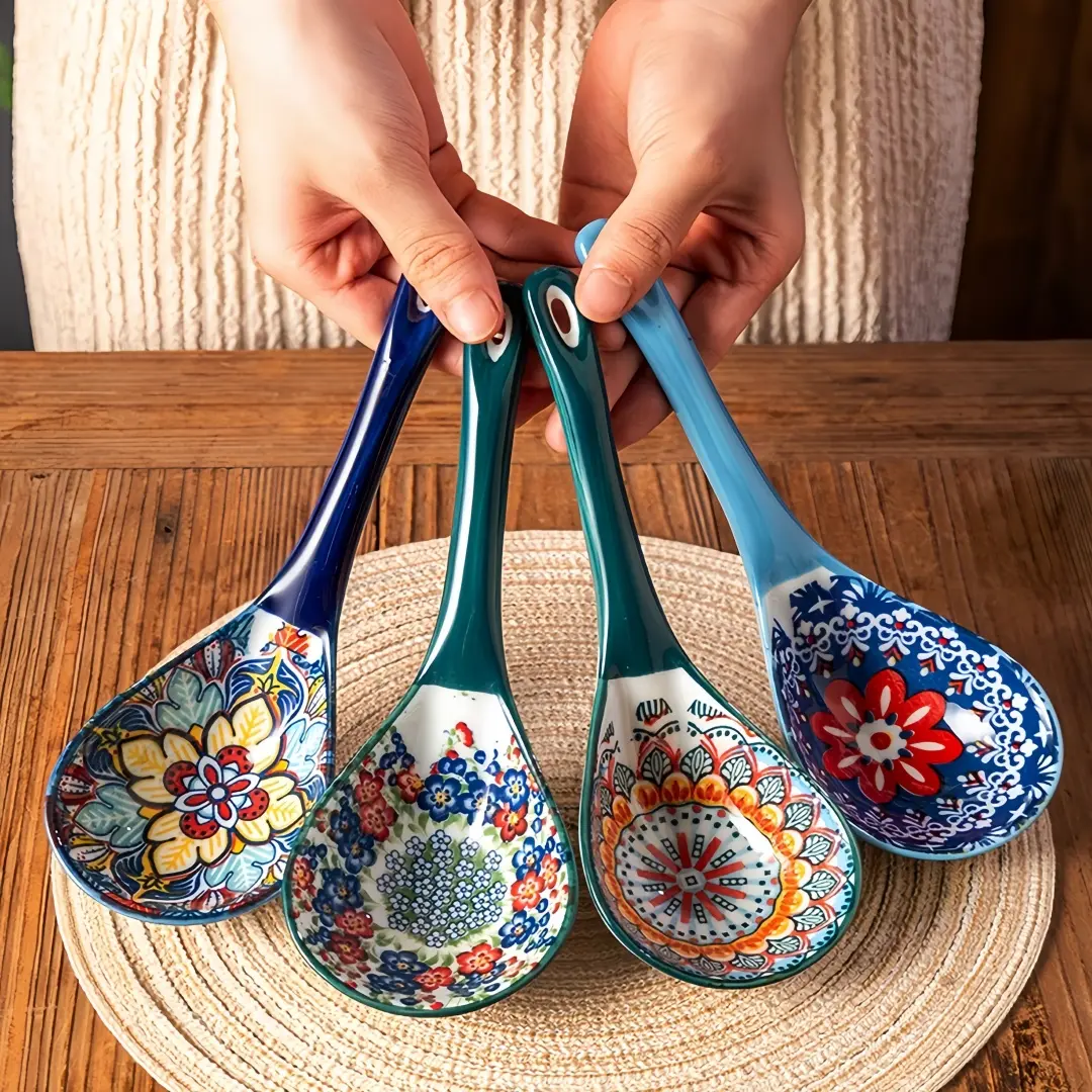 Bohemian Ceramic Soup Spoons Set, Cooking Spoons Set, Large Household Serving Spoons, Ramen Soup Spoons, Microwave and Oven Safe, Floral Pattern, Dinnerware Utensils, Kitchen Cooking Accessories