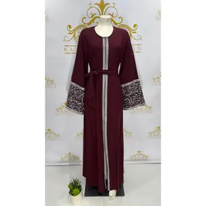 Arabic Calligraphy Letters Women's Zipper Abaya Cuff Embroidery Design Maroon & Silver