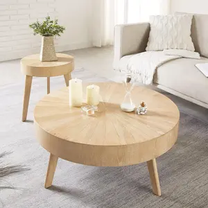 2-Piece Round Log Coffee Table Set for Living Rooms & Courtyards Coffee Table with Side Table Mid-Century Rustic Wooden Coffee Table Set Perfect for Apartments & Homes Space-Saving Design Easy Assembly coffee table spacesaving