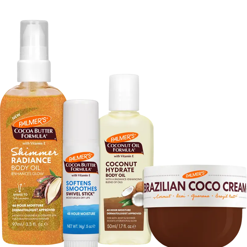 Palmer's Mini Faves Set with Shimmer Radiance Body Oil, Swivel Stick, Brazilian Coco Cream & Coconut Oil for Travel or Gifting