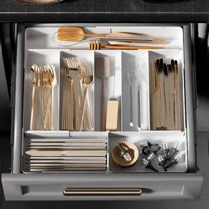 【Local Shipping】Adjustable Silverware Organizer for Kitchen Drawer – Expandable Plastic Utensil Tray for Forks, Spoons, Knives & Cutlery | White Storage Container with Non-Slip Base | Fits Standard & Large Drawers