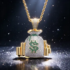 Synthetic zircon money bag pendant necklace - golden-plated Fried Dough Twists chain, dollar sign+coin shape, hip hop shiny jewelry, suitable for street style and party wear, eye catching piece for both men and women