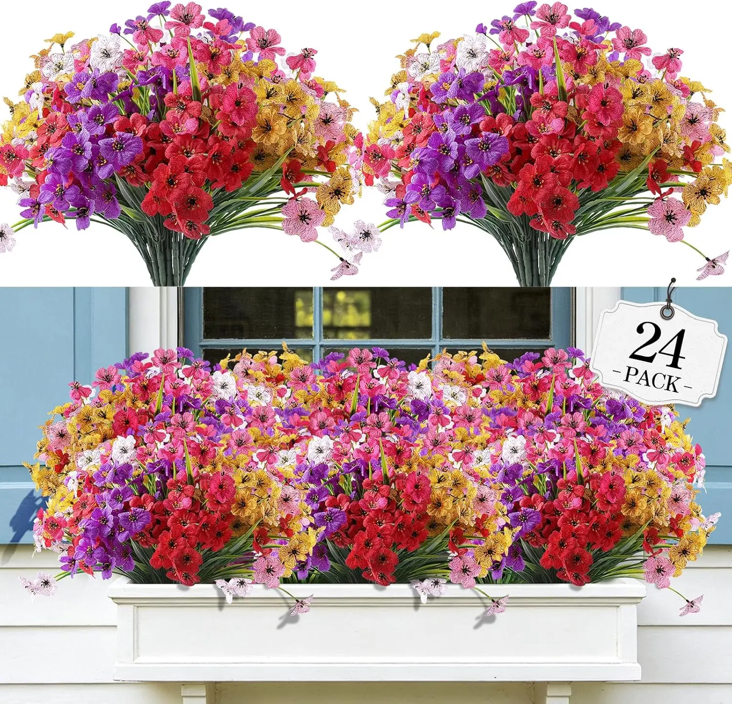 24 Bundles Artificial Flowers for Outdoor,Fake Flowers No Fade Plastic Faux Plants for Decoration Hanging Planters Outdoor&Indoor Garden Patio Porch Window Party Farmhouse