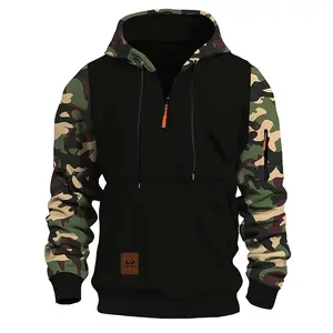 Men's Colorblock Hooded Camo Sweatshirt Vintage Camo Hoodie Zip Up Loose Fit Casual Pullover with Top Stitching Slit Pocket for Daily Outdoor Wear