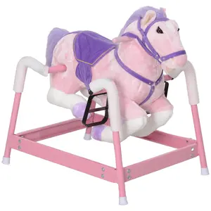 Qaba Spring Rocking Horse, Kids Ride on Horse, Plush Horse Ride-on with Sounds, Foot Stirrups, Saddle & Reins, Pink