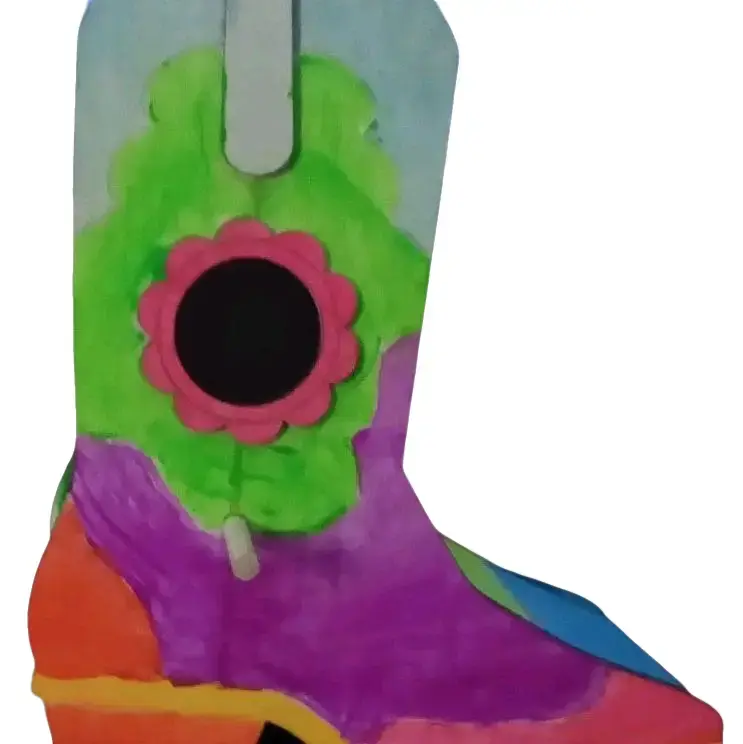 Painted Wooden Boot with Colorful Design and Flower Accent