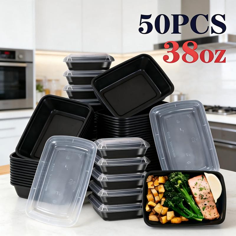 50 pieces, 38 ounces, black rectangular food storage container, meal container, disposable plastic portable with lid container, lunch box, stackable, suitable for microwave oven and dishwasher, kitchen organizing and storage supplies, outdoor camping