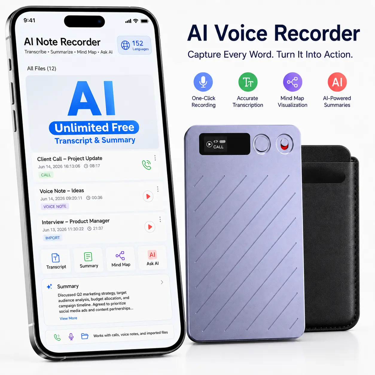 AI Voice Recorder & Note Taker with Call Recording, AI Transcription, Summaries, Mind Maps & Ask AI, 152 Languages, 36-Hour Recording, Up to 60 Days of Standby, Magnetic Case for Meetings, Lectures & Interviews