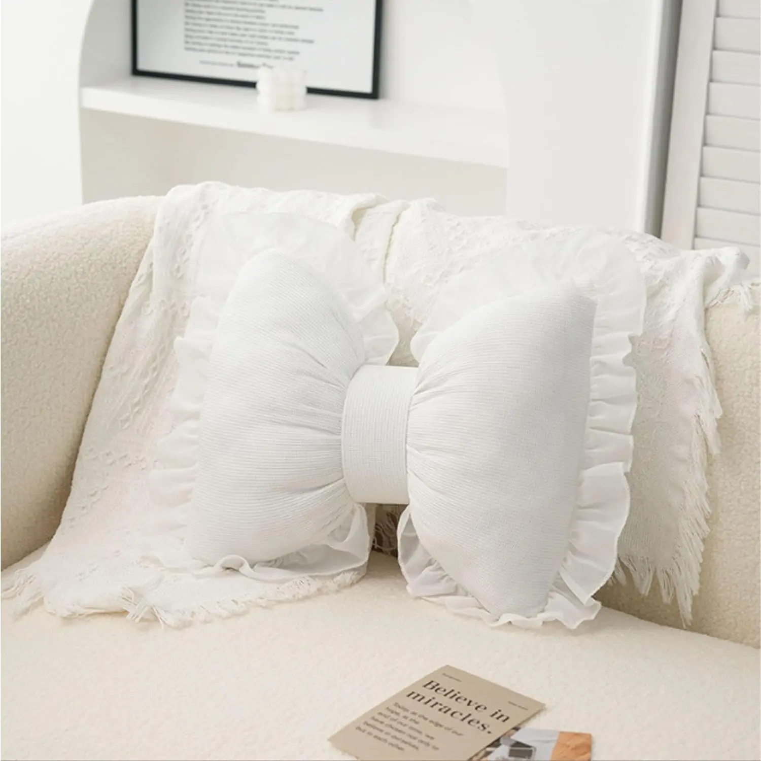 Cute Bow Shaped Lumbar Throw Pillow – Pink Lace Bowknot Decorative Cushion for Sofa Couch Bed, Soft Home Decor Accent Pillow for Living Room Bedroom