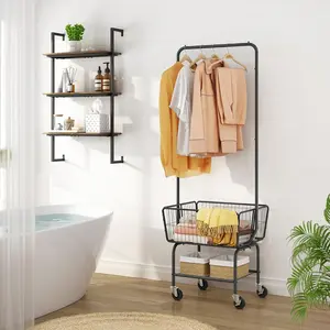 Laundry Cart with Hanging Rack, Metal Laundry Basket with Wheels, Laundry Hamper with Storage Basket and Shelf, Rolling Laundry Cart with Wheels, Black