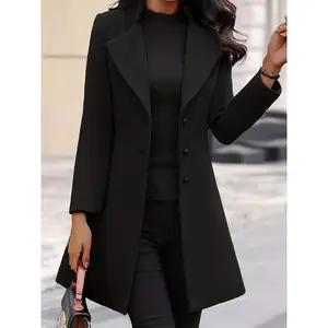 Women’s Slim-Fit Long Wool Coat, Elegant Straight-Cut Lapel Design for Autumn/Winter, Stylish Solid-Color Outerwear for Modern Fashion