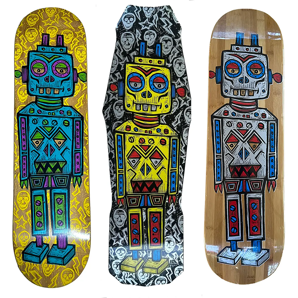Artist Signed Skateboard Deck with Woodcut Robot Graphic - Birch or Bamboo, Custom or Popsicle Shape with a Blank Topside for Youth Skateboarding & Wall Art, Shaped Skateboard, Custom Shape