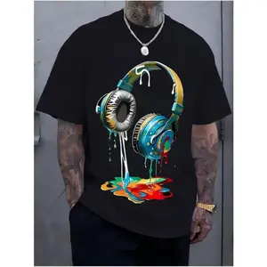 oversized tshirt women Men's Navy Blue Cotton T-Shirt with Vibrant Headphone Graphic Print – Casual Street Style, Short Sleeve, Round Neck, Machine Washable, Perfect for Summer Fashion and Casual Attire, Cotton T Shirts