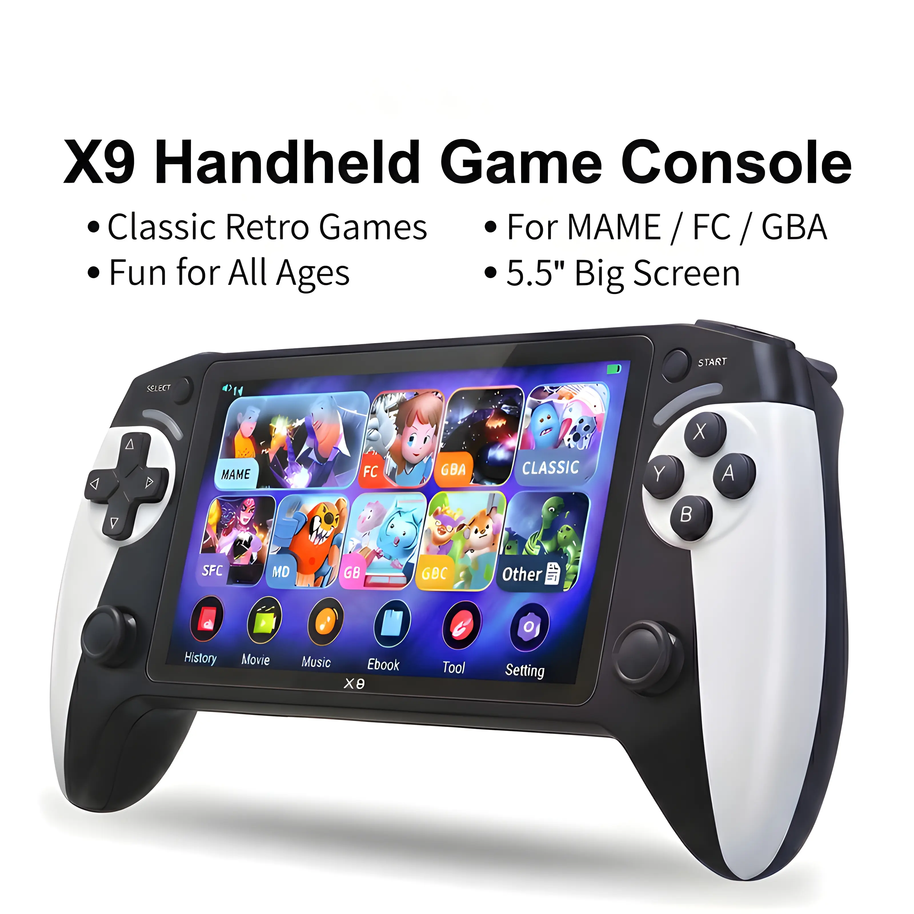 X9 Retro Handheld Gaming Console Stick, Game System for TV - 128GB Portable Game Device with 5.5in HD Screen, Built-in Classic Games Anytime Anywhere, 10 Emulators, Dual Joysticks, Black & White, Daily Entertainment Toy for Gamers, Gift for Kids & Adults