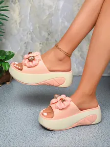 Women's Fashionable Bowknot Design Open Toe Slippers, Casual Comfortable Platform Slippers for Indoor Outdoor Wear, Non-slip Soft Slippers for Daily Wear, Slide Slippers
