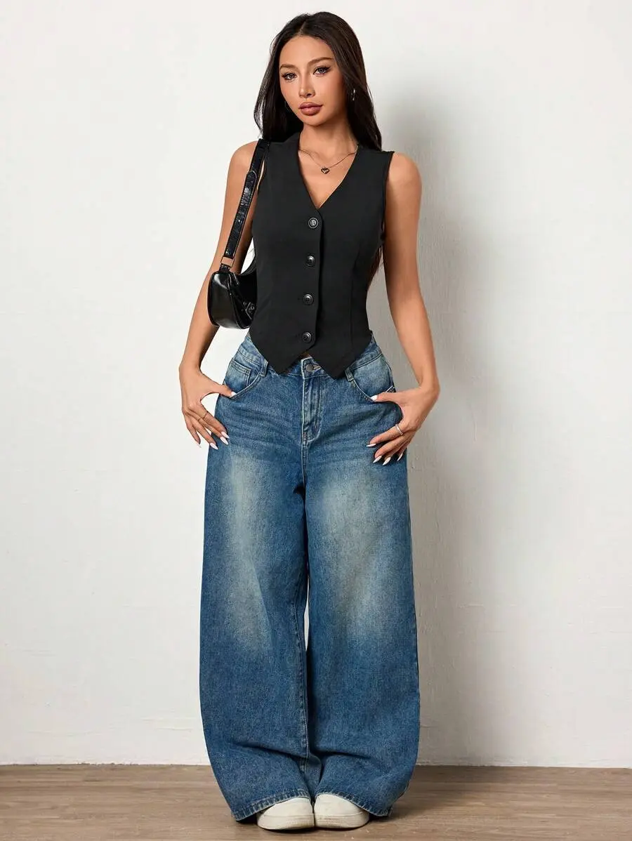 Casual Solid Color Knitted V-Neck Sleeveless Fitted Ladies Vest In Fall/Winter