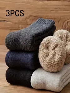 3 Pairs of Lamb Wool Socks - Men's Winter Thick Warm Mid Tube Socks for Cold Weather - Beige Plain Casual Christmas Gift Set