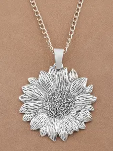 1pc Trendy Gold & Silver Sun Flower Pendant Necklace, Boho Floral Pendant Long Chain Statement Necklace For Women's Daily Wear