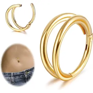 FLORIDECO 14G G23 Titanium Hinged Clicker Hoop Belly Button Ring 10mm/12mm Double Layered CZ Body Piercing Jewelry for Women Men Septum Ring Nose Hoop Gold Finish