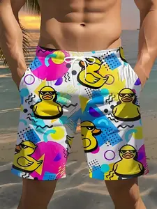 Men's 3D Duck Print Beach Shorts, Lightweight Quick-Dry Polyester, Cartoon Duck Pattern, Adjustable Drawstring Waist, Summer Pool & Beach Wear