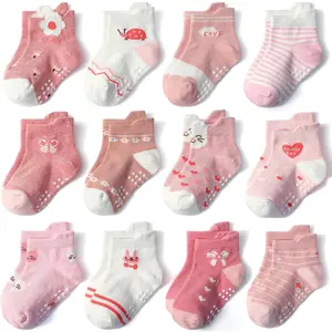 Toddler Socks with Grips, 12 Pairs Kids Non-Slip Grippers Baby Boys Girls House Socks  Age 0-7