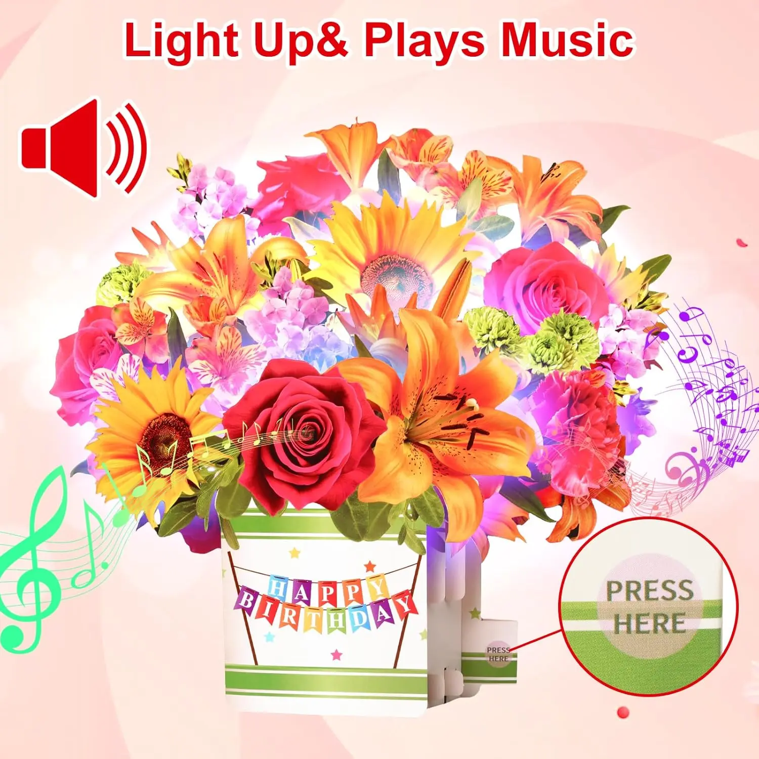 10in 3D Popup Greeting Card & Invitation Envelopes for Wife, Classic Sunflower-Lily & Butterfly Design with Light&Music, Lifelike Bouquet, Art Decoration, Large Blank Area for Heartfelt Words (Birthday Use), Music And Lighting Design