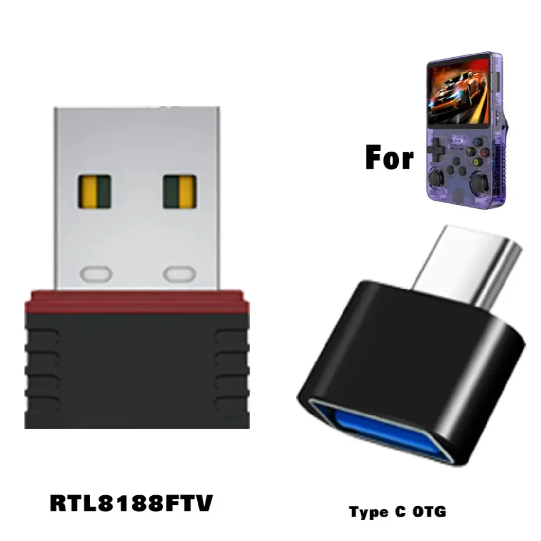 Mini USB Wireless Network Card Wifi Dongle + Type-C OTG Adapter for R36s/r36h/r40xx Handheld Devices, Compact Wi-Fi Module for Portable Use